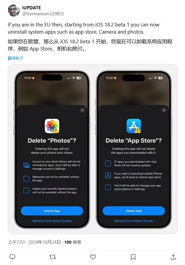 大英苹果手机维修分享iOS 18.2 支持删除 App Store 应用商店 