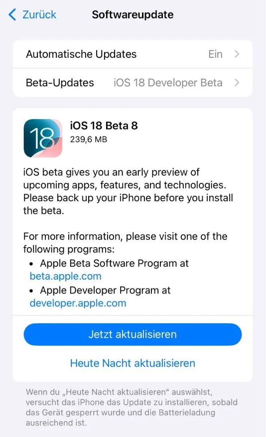 大英苹果手机维修分享苹果 iOS / iPadOS 18 开发者预览版 Beta 8 发布 